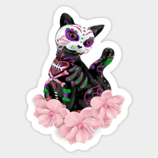 Day Of The Dead Sugar Skull Cat Pink Flowers Sticker